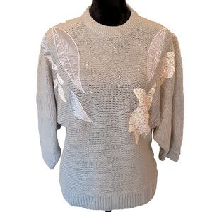 Vintage BRAMBLE LANE Soft Gray Appliqués Knit Sweater Pearl/Lace Sz M